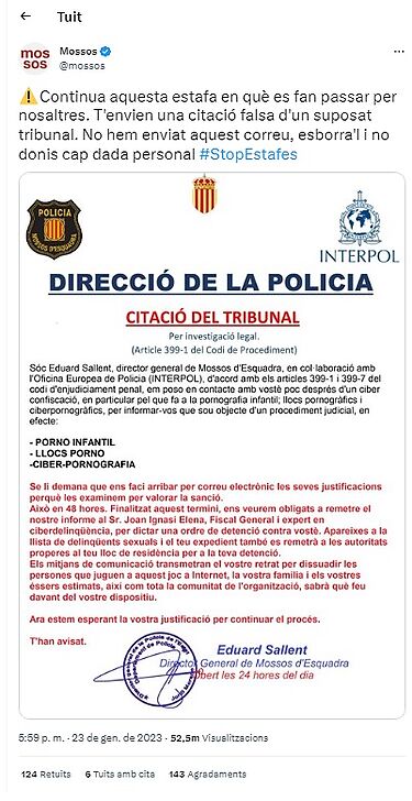 Messages of a new scam in which they impersonate the director general of the Mossos