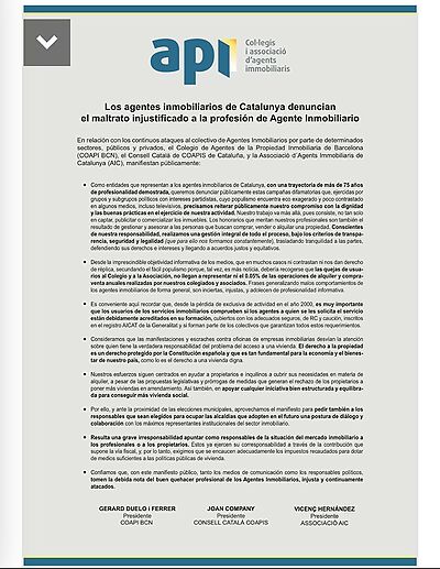 Els API de Catalunya denuncien el maltractament injustificat a la professió d'agent immobiliari