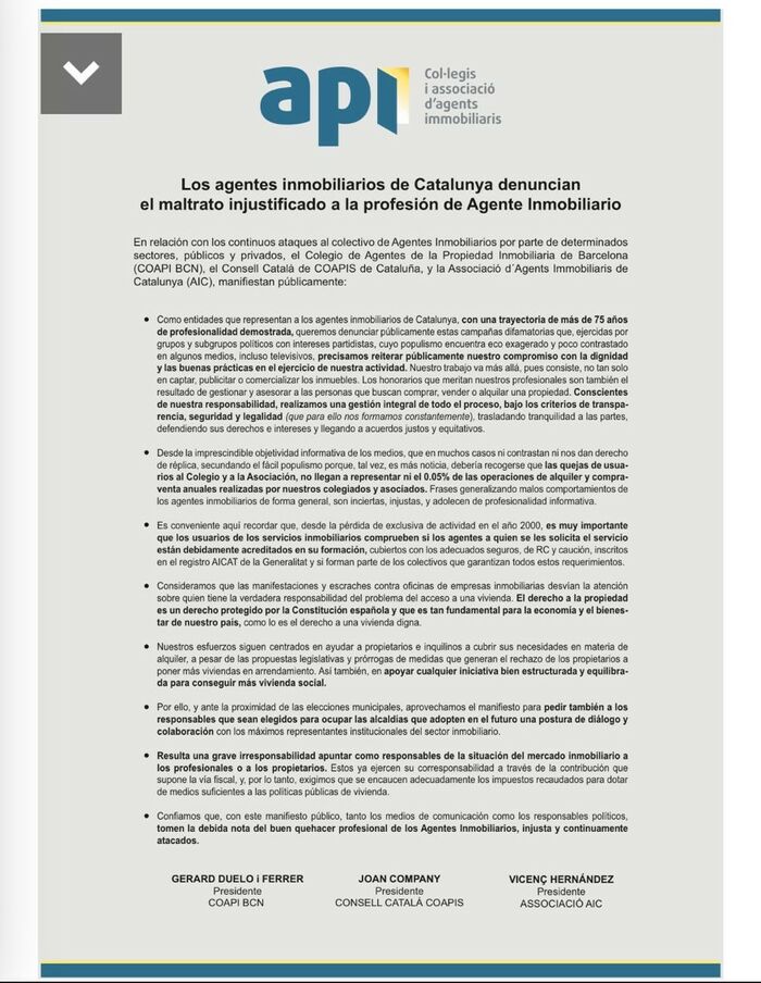 Los API de Catalunya denuncian el maltrato injustificado en la profesión de agente inmobiliario